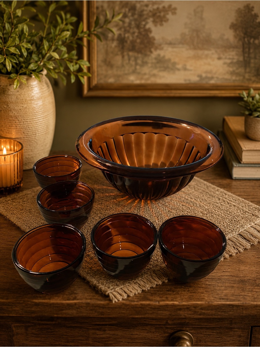 Amber Glass Serving Bowl and 6-Piece Dessert Bowl Set
